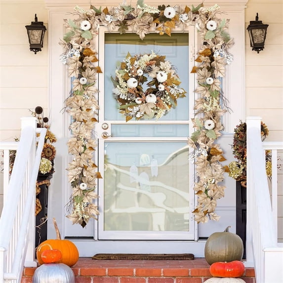 Maple Leaf Garlands Vines for Halloween Decorations, Foldable Beautiful Artificial Garland for Home Garden Wedding Party Thanksgiving Dinner Fireplace Door Frame 67.71Inch White