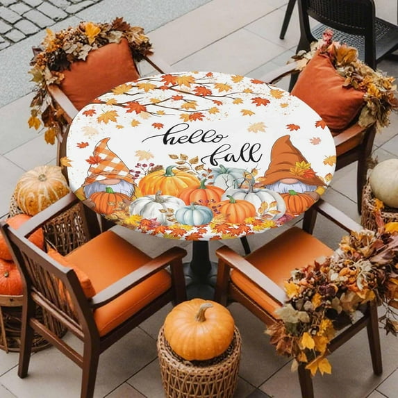 Maple Leaf Gnome Round Fitted Tablecloth with Elastic Edged, Autumn Thanksgiving Fitted Circle Tables Cover Wipeable Waterproof Table Cloth for Indoor Outdoor Use Tabletop Decor Farmhouse Pumpkin