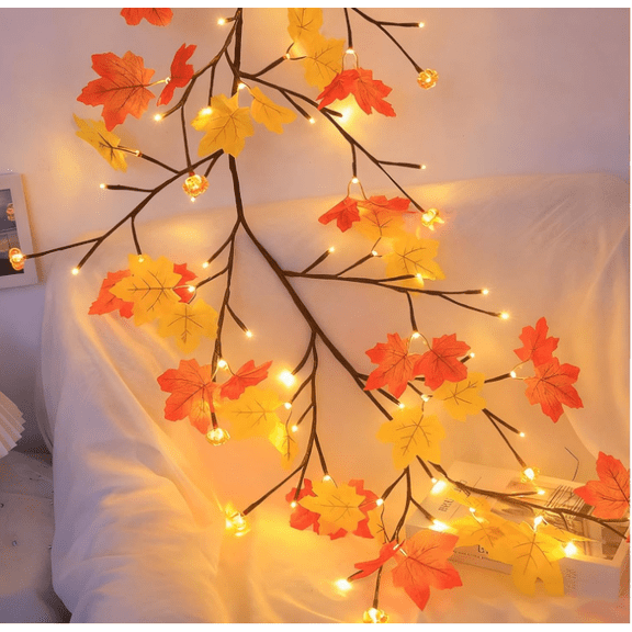 Yogsey Maple Leaf Willow Vine Twig String Lights, LED, 96 Lights, Warm White, USB-Powered, 8 Lighting Modes, Indoor, 1.8M, 1-Count