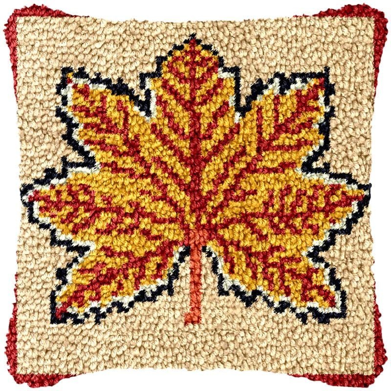Maple Leaf Latch Hook Pillow Cover Kits for DIY Handmade Throw Pillow Cross Stitch Latch Hook Pillowcase Rug Kits with Preprinted Color Pattern Canvas Crochet Yarn Kits 17''X 17''(ch178)
