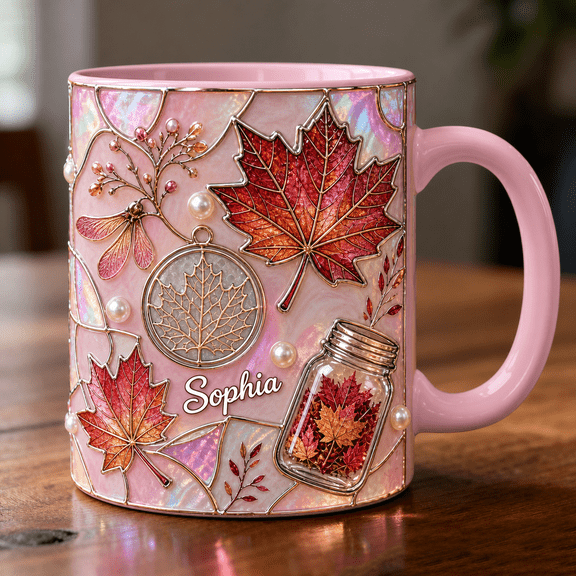 Maple Leaf Mug Custom Name Accent Mug, Pink Fall Leaf Lover Gift for Her