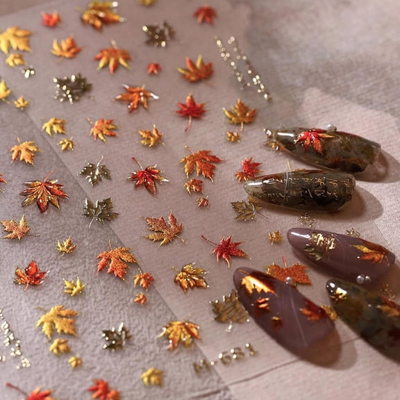 Maple Leaf Nail Stickers 5D Embossed Autumn Leaf Nail Designs 3D Self-Adhesive Gold Plant Fall Nail Decals Cute Fall Sticker Thanksgiving Day Manicure Acrylic Nails Accessories for Women DIY