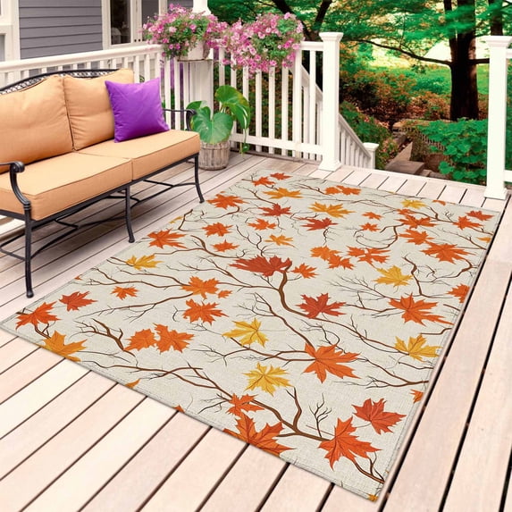 Maple Leaf Outdoor Rug for Patio/Deck/Porch, Non-Slip Large Area Rug 4 x 6 Ft, Autumn Country Tree Retro Thanksgiving Indoor Outdoor Rugs Washable Area Rugs, Reversible Camping Rug Carpet Runner