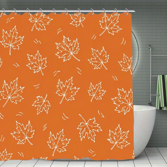 Maple Leaf Outline Pattern Orange Print Shower Curtain,Cloth Fabric Waterproof Polyester Bathroom Home Decor Set with Hooks