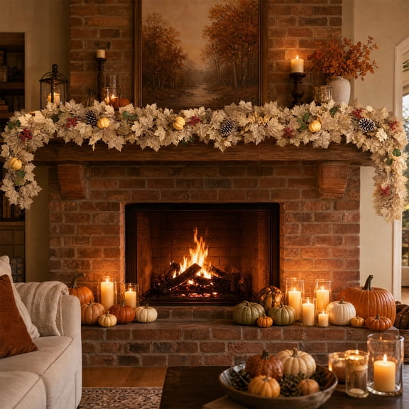 Maple Leaf Pinecone Berry Pumpkin Fall Garland, Versatile Bendable Design Fade Proof Reusable Harvest Swag, Window Mantel Decor for Halloween Thanksgiving Home Holiday Arrangement