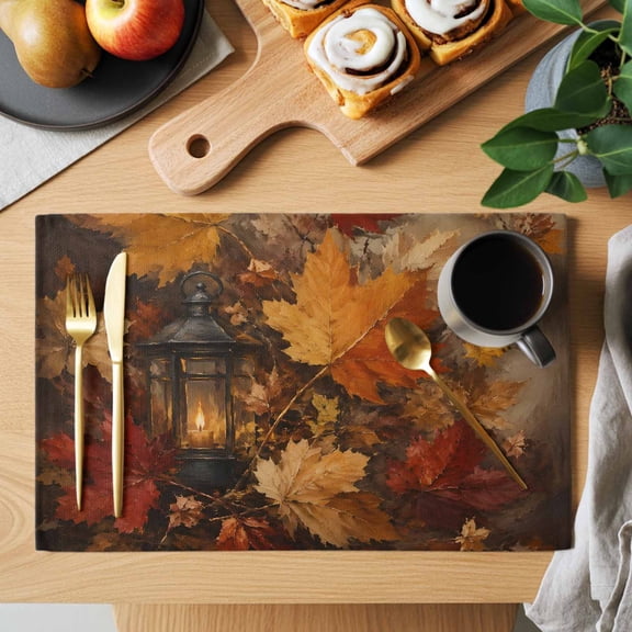 Maple Leaf Placemats Set of 1 Shabby Chic Glowing Vintage Lanterns Rustic Amber Leaf Heat Insulation Washable Place Mats, Non-Slip Table Mats for Dining Table Party Kitchen Decor, 13x19 Inch