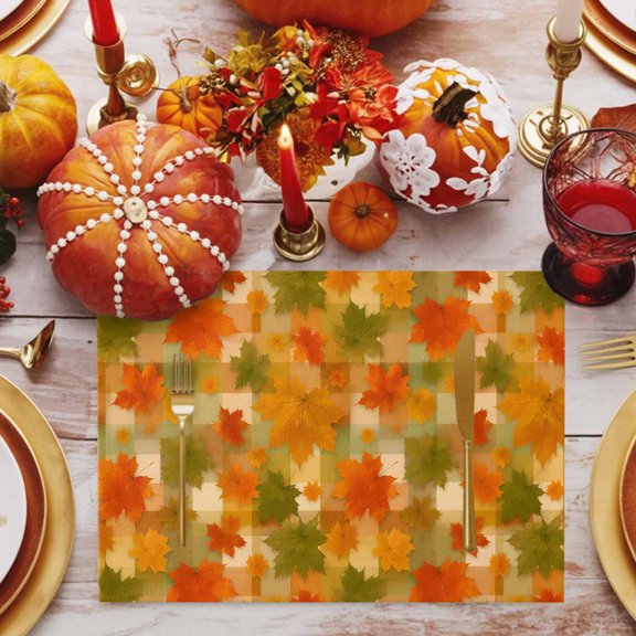 Maple Leaf Placemats Set of 4, Autumn Leaves Rustic Warm Palette Orange Olive Plaid Non-Slip Place Mats Washable Table Mats for Kitchen Dining Table Decorations Indoor/Outdoor