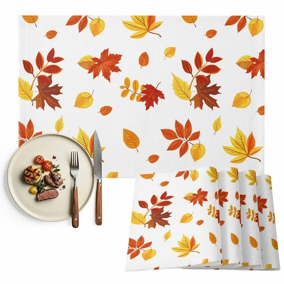 Maple Leaf Placemats Set of 6 Fall Orange Leaf Heat Insulated Linen Place Mats, Washable Stain-Proof Table Mats for Dining Tables Holiday Decor 13x19inch