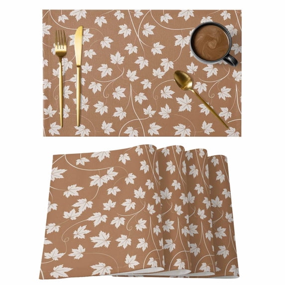 Maple Leaf Placemats Set of 8, Retro Fall Dark Beige Autumn Leaves Placemats for Dining Table, Place Mats for Kitchen Tabletop, Waterproof Wipeable Dining Table Mats Set