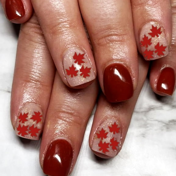 Maple Leaf Press On Nails - Short Square Thanksgiving Fake Nails Glossy Fall Maple Leaves Black French Tip Glue On Acrylic Autumn Stick On Nails for Women DIY Manicure Multicolor Thanksgiving Design