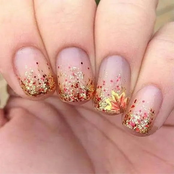 Maple Leaf Press On Nails - Short Square Thanksgiving Fake Nails Glossy Fall Maple Leaves Black French Tip Glue On Acrylic Autumn Stick On Nails for Women DIY Manicure Multicolor Thanksgiving Design