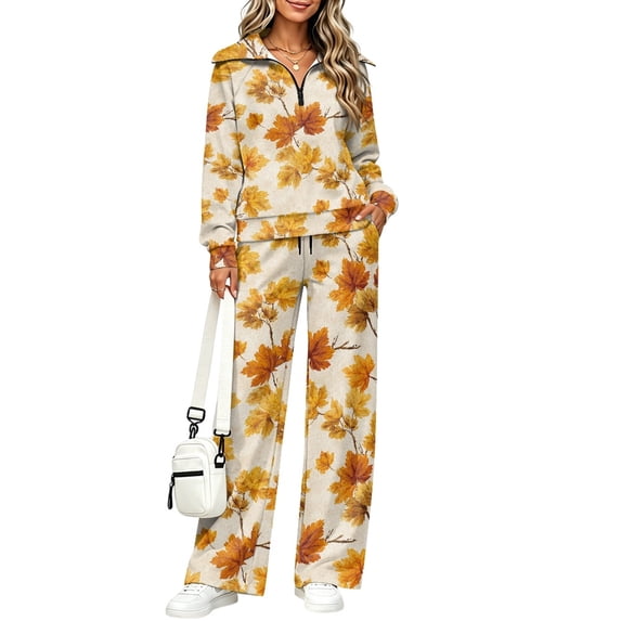 Maple Leaf Print 2 Piece Outfits for Women Half Zip Stand Collar Pullover Wide Leg Pants with Pockets Soft Fleece Loungewear Fall Travel Airport Casual Tracksuits, 3XL