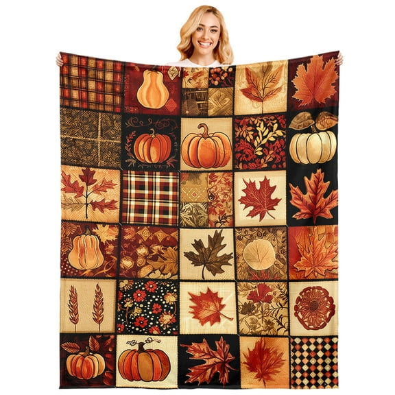Maple Leaf Print Flannel Blanket - Ultra Soft & Warm Reversible Orange Fall Blanket for Couch/Bed - Cozy Machine Washable Throw