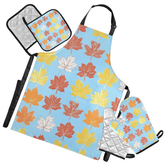 Maple Leaf Print Oven Mitts and Pot Holders with Chef Apron Set 5 Pcs Kitchen Cooking Set