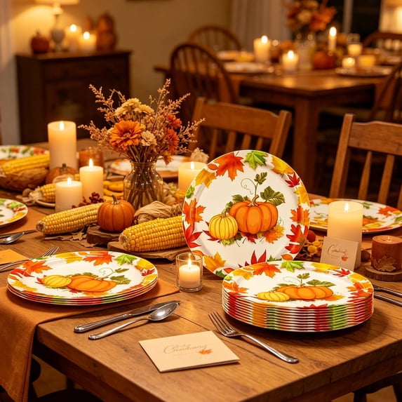 Maple Leaf Pumpkin Fall Harvest Disposable Tableware Kit, Printed Paper Plates Cups Napkins Set, Coordinated Single-Use Dinner Supplies for Thanksgiving Autumn Party Decor