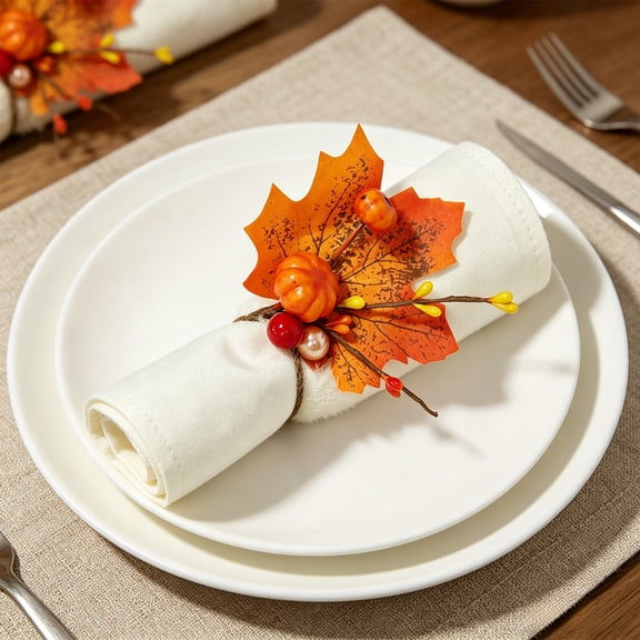 Maple Leaf Pumpkin Napkin Rings with Faux Berry Wreath, Rustic Fall Harvest Decor, Elegant Table Accessory for Halloween, Thanksgiving Dinner and Seasonal Party Setup, Orange-A