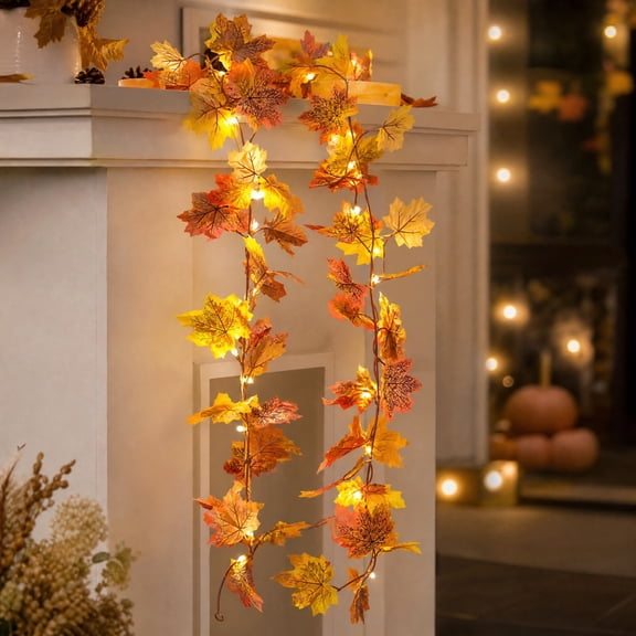 Maple Leaf Pumpkin Rattan Door Hanging, Halloween Thanksgiving Fall Garland Decor, 78 Inch Artificial Maple Vine With White Lights, Rattan Courtyard Wall Desktop Decoration For Autumn Festive Season