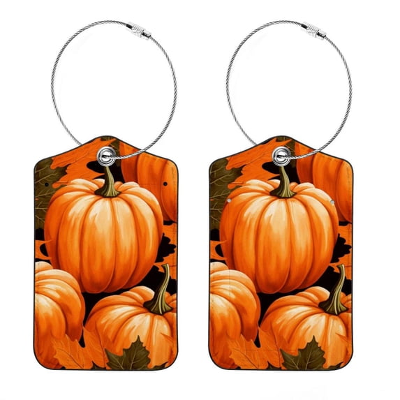 Maple Leaf Pumpkin Square PU Leather 2 Pack Travel Tag - Bag Tag - Suitcase Tag with Privacy Cover and Stainless Steel Ring - Suitable for Travel, Backpack, and Handbag