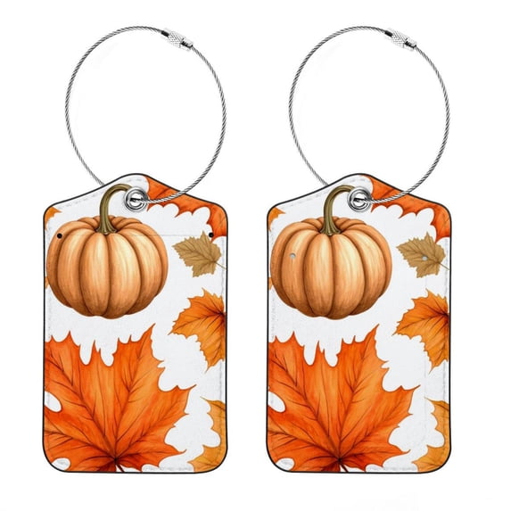 Maple Leaf Pumpkin Square PU Leather Luggage Tags, 2 Pack, with Privacy Cover and Stainless Steel Ring - Suitable for Travel, Backpack, Handbag - Bag Tags, Handbag Tags