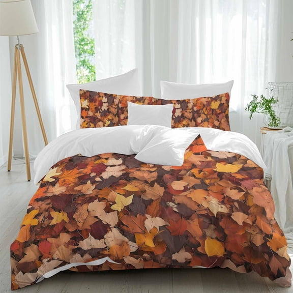 Maple Leaf Queen Duvet Cover Set, Fall Fallen Leaves 4 Piece Microfiber Bedding Set with Zipper Closure, Bed Sheet and 2 Pillow Shams, Soft Bedding Cover