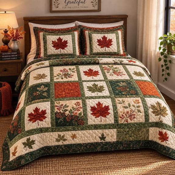 Autumn Rustic Maple Maple Leaf Quilted Bedding Set, Autumn Leaves Patchwork Quilt, Rustic ...