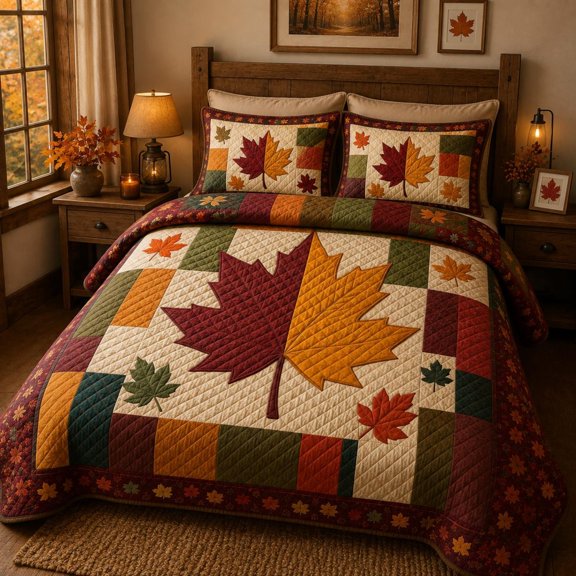 Maple Leaf Quilted Bedding Set, Autumn Patchwork Quilt, Fall Leaves Bedspread, Rustic Farmhouse Bedroom Decor, Thanksgiving Gift