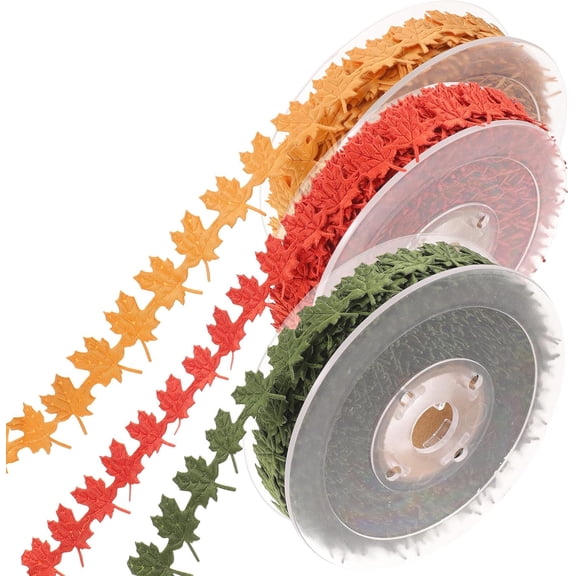 Maple Leaf Ribbon 3 Rolls, Fall Thanksgiving Wrapping Ribbon in Orange Green Gold, DIY Craft Floral Bouquet Ribbon for Wedding and Seasonal Decor