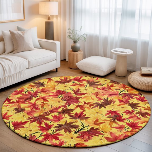 Maple Leaf Round Rug 4Ft Fall Yellow and Red Maple Leaves Floral Botanical Country Circle Area Rugs Washable Non Slip Indoor Floor Mats Carpet for Living Room Bedroom Dining Room Home Decor