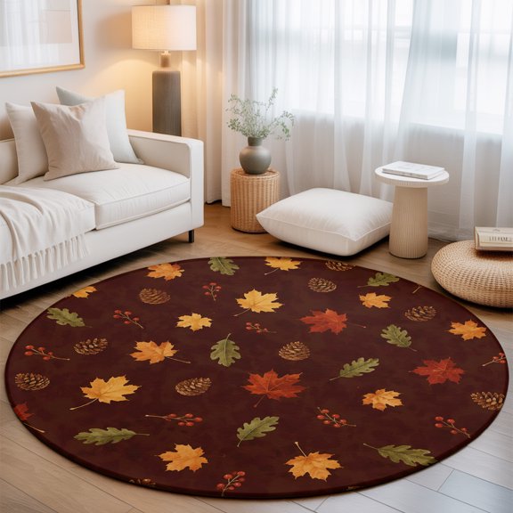 Maple Leaf Round Rug 4Ft Rustic Fall Wild Berries Leaf Pinecone Brown Background Circle Area Rugs Washable Non Slip Indoor Floor Mats Carpet for Living Room Bedroom Dining Room Home Decor
