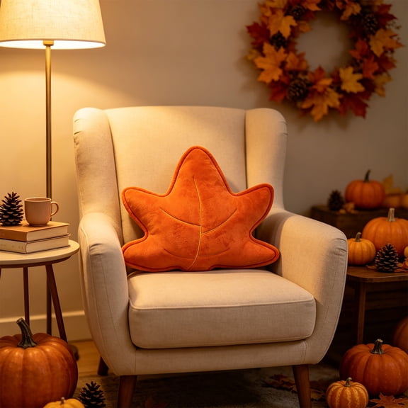 Maple Leaf Shaped Plush Throw Pillow, Soft Orange Fall Leaf Cuddle Cushion for Thanksgiving Home Sofa Bedroom Decor, Comfort Waist Support Pillow for Lounging and Resting