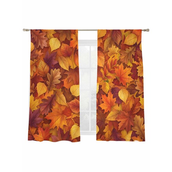 Maple Leaf Sheer Curtains 2 Panels Set Country Fall Orange Brown Leaf Texture Farmhouse Sheer Window Curtains Light Filtering Rod Pocket Voile Drapes for Bedroom Living Room 52"x63"