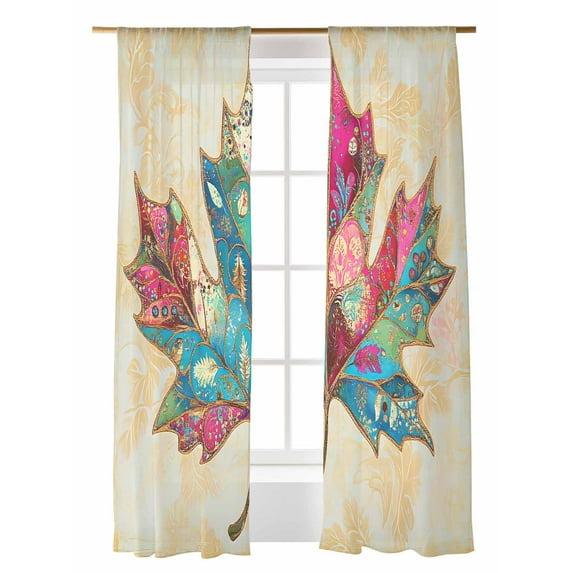 Maple Leaf Sheer Curtains 84 inches Long 2 Panels Set Medieval Vintage Floral Background Sheer Window Curtain Rod Pocket Voile Drapes for Living Room/Bedroom, Each 52" W x 84" L