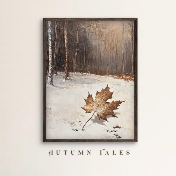 Maple Leaf In Snow Poster Wall Art Vintage Winter Forest Print Moody Seasonal Landscape Cozy Printable Home Decor UNFRAMED Poster, Wall Art for Decor, Present, 16x24