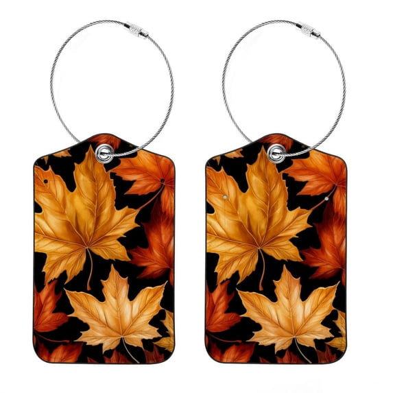 Maple Leaf Square PU Leather Luggage Tags, 2 Pack, with Privacy Cover and Stainless Steel Ring - Suitable for Travel, Backpack, Handbag - Bag Tags, Handbag Tags