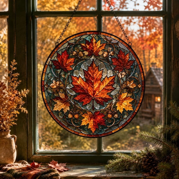 Maple Leaf Stained Glass Suncatcher Window Hanging for Autumn Decor