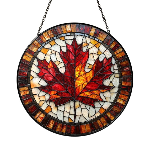 Maple Leaf Stained Glass Window Panel, Warm Autumn Themed Sun Catcher for Cozy Fall Home Decor