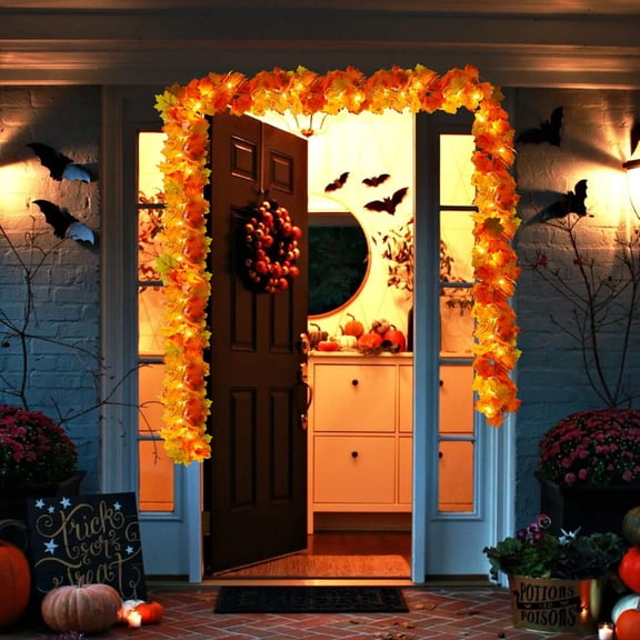 Maple Leaf String Lights Fall Wreath with Plug-In for Thanksgiving Halloween Decor Indoor Fireplace Mantel Home 175Cm