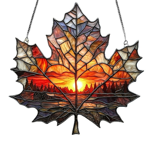 Maple Leaf Suncatcher - Stained Glass Window Hanging with Glitter Details, Fall Ornaments for Thanksgiving Decor, Autumn Leaf Window Wall Decorations