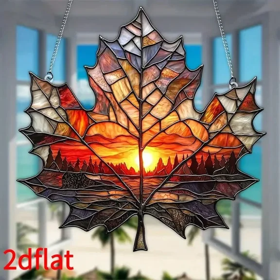 Maple Leaf Suncatcher | Water Ripple Acrylic | Faux Stained Glass Canada Autumn Sunset | Canadian Decor Gift