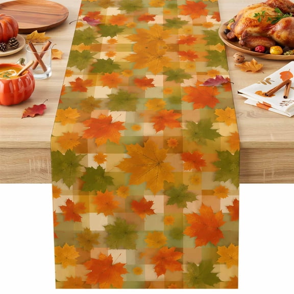 Maple Leaf Table Runner 13x60 Inch Autumn Leaves Rustic Warm Palette Orange Olive Plaid Table Runner Non-Slip Dresser Scarves for Holiday Decorations, Autumn Party, Dinner and Gatherings, 1 Pack