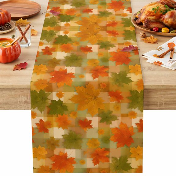 Maple Leaf Table Runner, Autumn Leaves Rustic Warm Palette Orange Olive Plaid Cotton Linen Kitchen Table Decoration Washable Dining Tabletop Runners for Home Party Decor 13x60 Inches