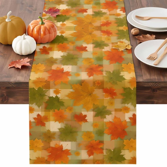 Maple Leaf Table Runner, Autumn Leaves Rustic Warm Palette Orange Olive Plaid Washable Cotton-linen Table Runners Dining Kitchen Decoration for Everyday Home Wedding Party Decor, 13 x 36 Inch