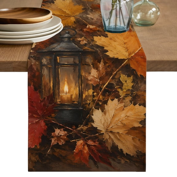 Maple Leaf Table Runner, Shabby Chic Glowing Vintage Lanterns Rustic Amber Leaf Cotton Linen Table Cloth, Tablerunner for Kitchen Dining Party Wedding Home Decor 13x36 Inch
