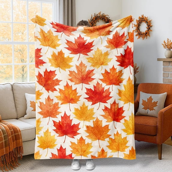 Maple Leaf Throw Blanket, Autumn Seasonal Autumn Leaf Red Fall Orange ...