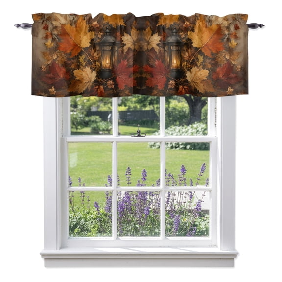 Maple Leaf Valances for Windows, Shabby Chic Glowing Vintage Lanterns Rustic Amber Leaf Rod Pocket Short Window Valance Curtains Holiday Window Treatment for Kitchen Living Room Bathroom 42" x 12"