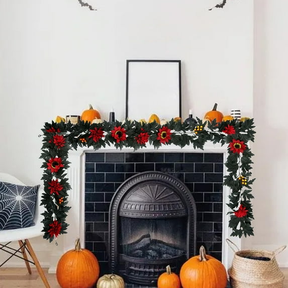 Maple Leaf Vine Garland - 69" Halloween Decor for Fireplace/Wall (Faux Fall Leaves, Plastic Hanging Vines for Porch/Table Centerpiece)