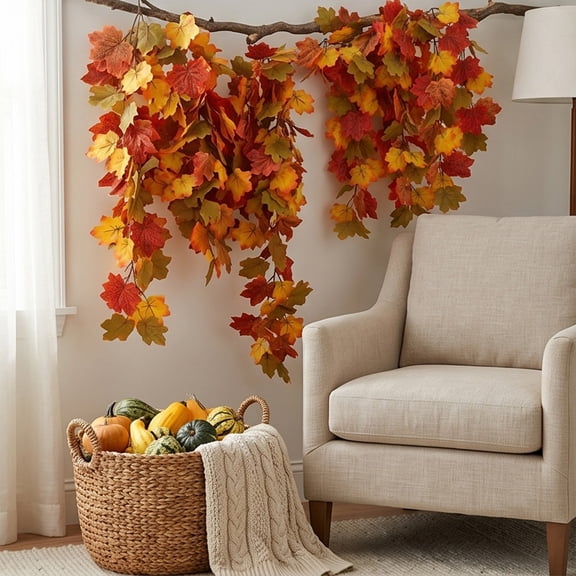 Maple Leaf Vine Garland Wall Hanging Artificial Autumn Rattan Decoration Thanksgiving Halloween Home Garden Fence Door Wall Decor Simulation Fall Leaves Party Seasonal Decorative Prop Accent
