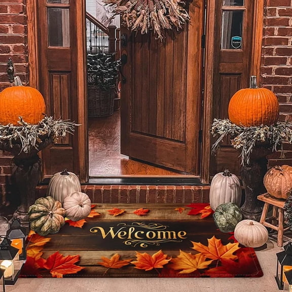 Maple Leaf Welcome Entry Doormat, Non Slip Pumpkin Absorbent Floor Mat for Thanksgiving Halloween, Fall Decor Rug for Front Door Porch Entryway Home Holiday Decoration, A
