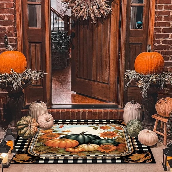 Maple Leaf Welcome Entry Doormat, Non Slip Pumpkin Absorbent Floor Mat for Thanksgiving Halloween, Fall Decor Rug for Front Door Porch Entryway Home Holiday Decoration, D