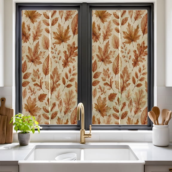 Maple Leaf Window Privacy Film Rustic Fall Brown Foliage Botanical Farmhouse Non Adhesive Window Cling Stickers Static Cling Glass Decals for Home Party Decoration 17.7 x 39.3 in